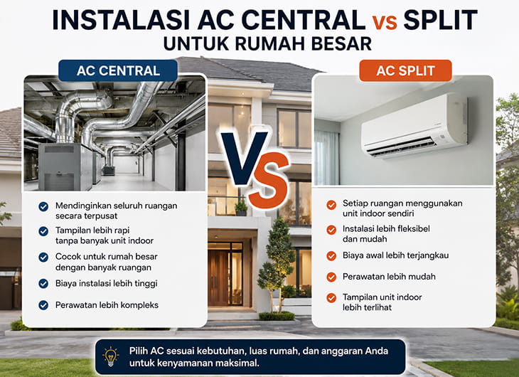 Instalasi AC Central vs Split untuk Rumah Besar: Mana yang Lebih Efisien?